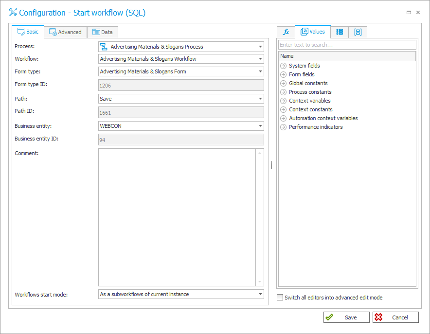 Start a subworkflow (SQL) Basic